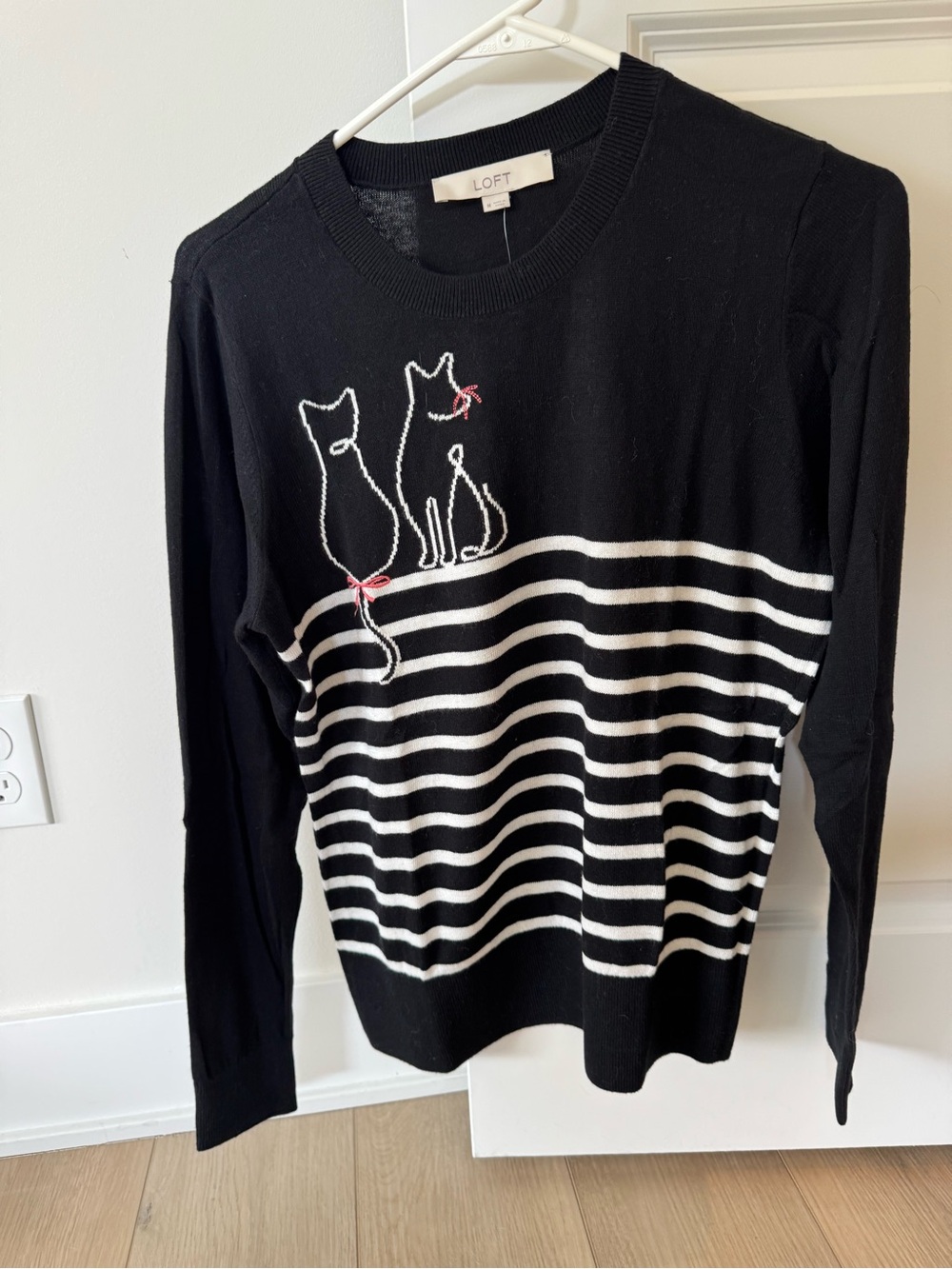LOFT Black Sweater with White Cat Outline and Red Bow Detail